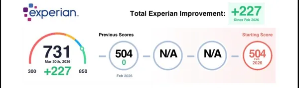 Credit score results for David R.: Experian 504 → 731 (+227 points)